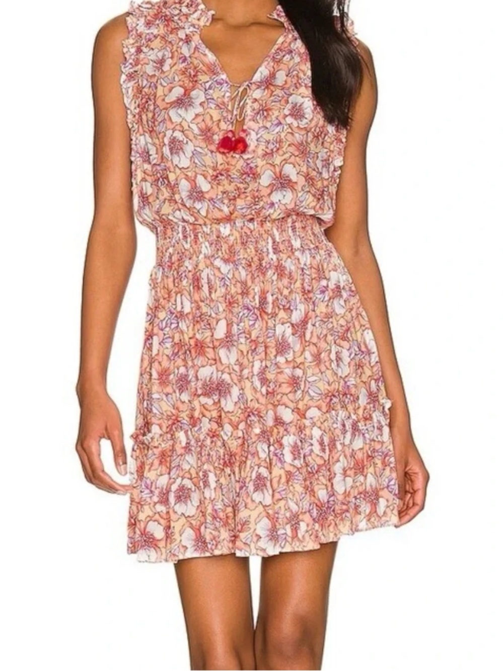 Poupette St Barth Triny Mini Dress Pink Dahlia Floral Resort Tiered Medium
